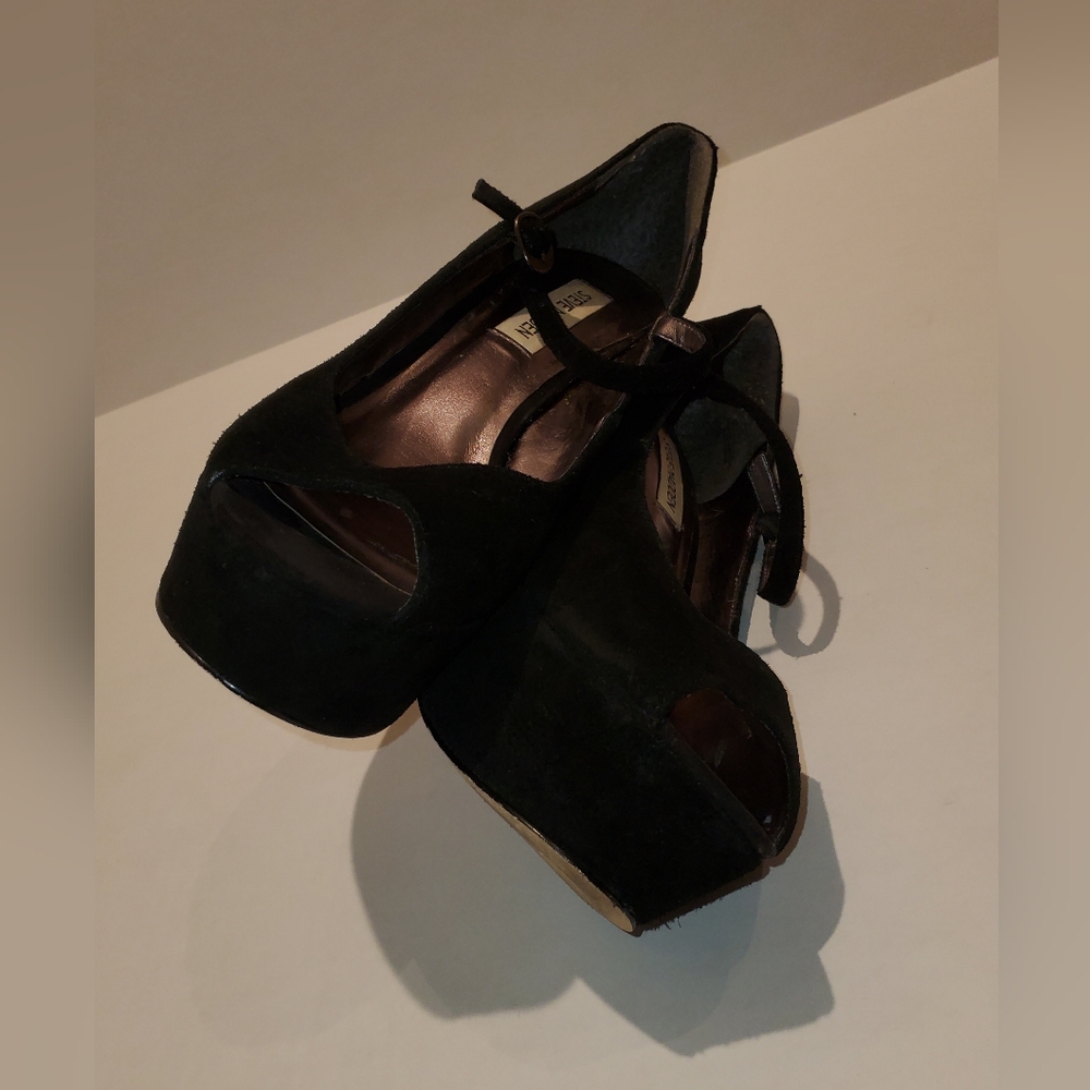Steve Madden Sofiaa Suede Black Wedge Peep Toe Shoes Sz 10 - Picture 6 of 11
